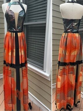 Halter Maxi Dress / Gown with USA designer Thai Nguyen- orange/black/metallic